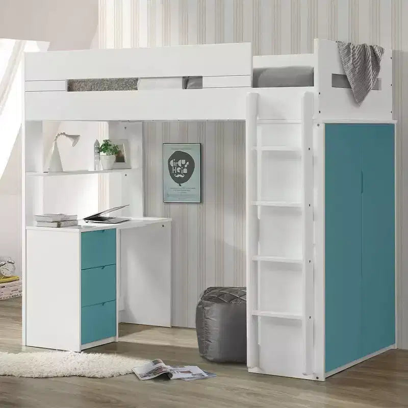 78" Letto a soppalco e a castello Nerice bianco e verde acqua: singolo su singolo, struttura in legno, montaggio senza attrezzi