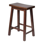 Sgabello classico da cucina alto 61 cm con seduta a sella, per casa, sala da pranzo e bar, senza schienale, 4 gambe quadre, noce