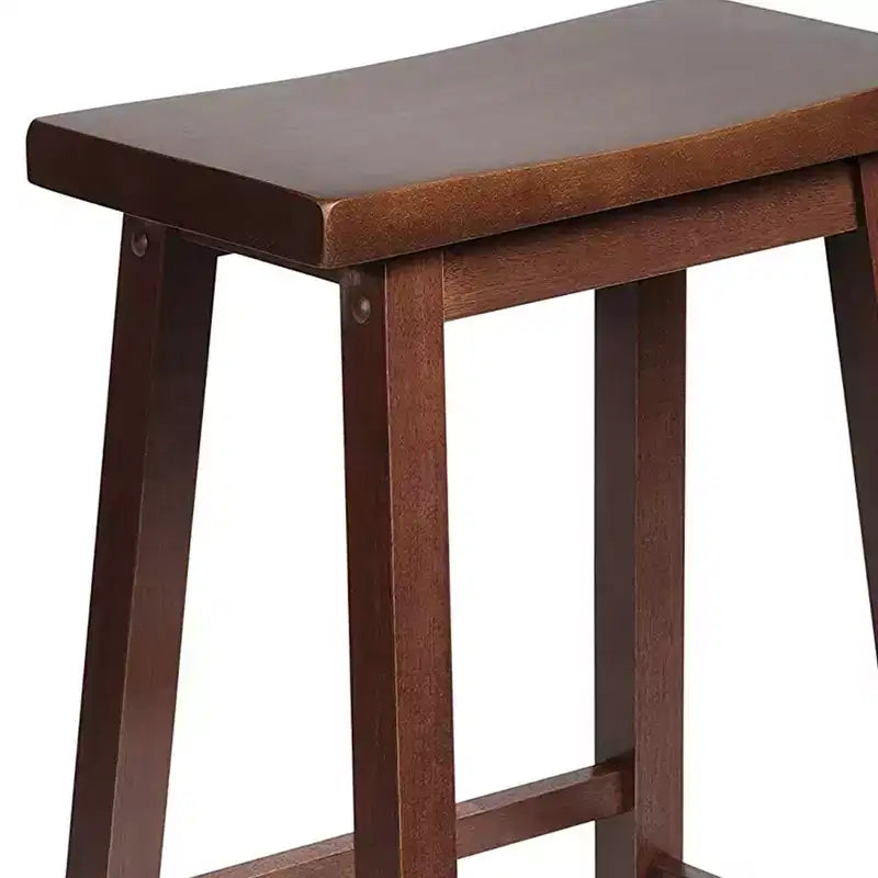 Sgabello classico da cucina alto 61 cm con seduta a sella, per casa, sala da pranzo e bar, senza schienale, 4 gambe quadre, noce