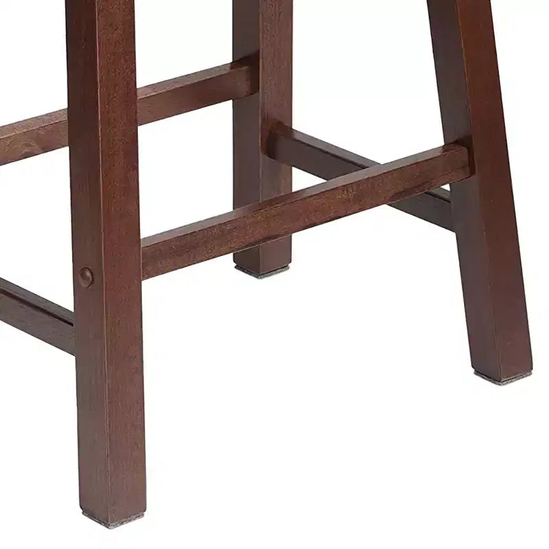 Sgabello classico da cucina alto 61 cm con seduta a sella, per casa, sala da pranzo e bar, senza schienale, 4 gambe quadre, noce