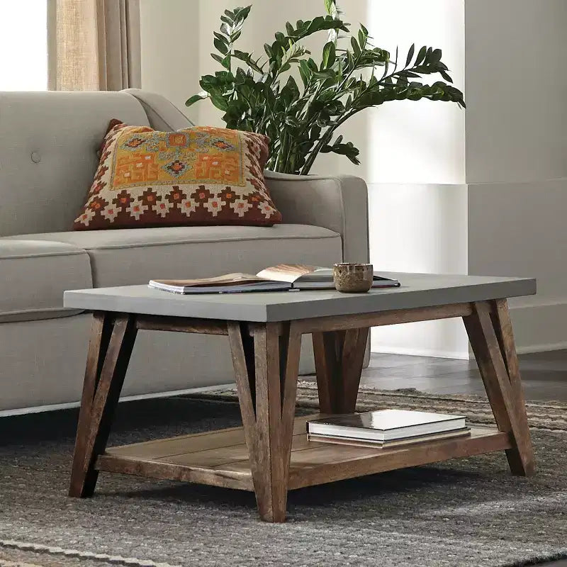 Brookside tavolino da caffè, top rivestito in cemento e legno chiaro