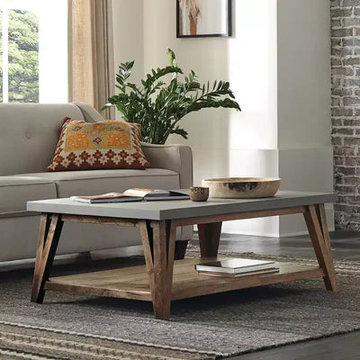 Brookside tavolino da caffè, top rivestito in cemento e legno chiaro