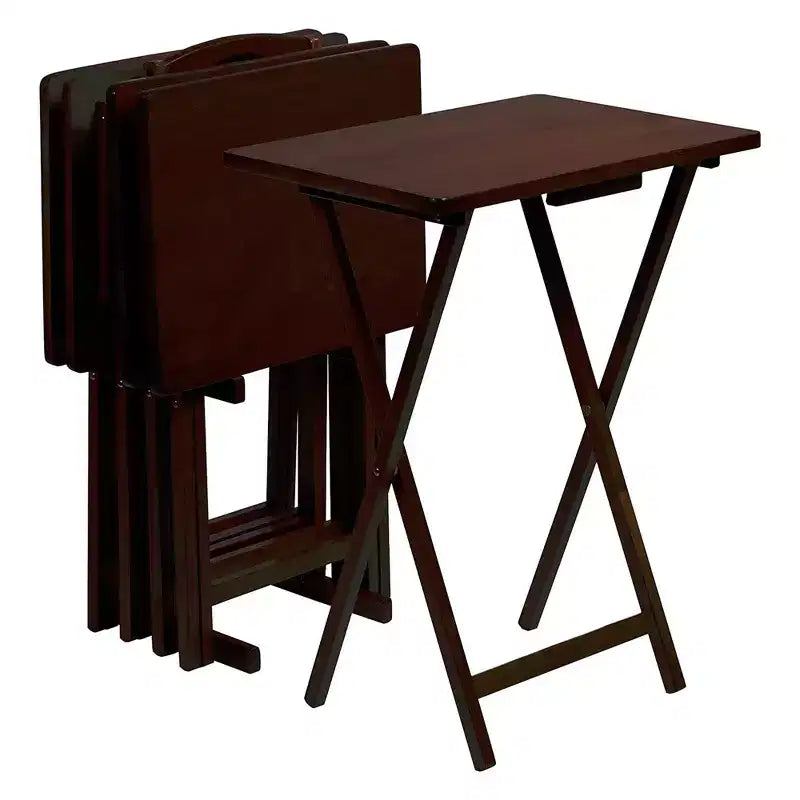 Tavolino da letto pieghevole rettangolare in legno massiccio, con vassoio TV/snack e portaoggetti compatto, colore marrone espresso