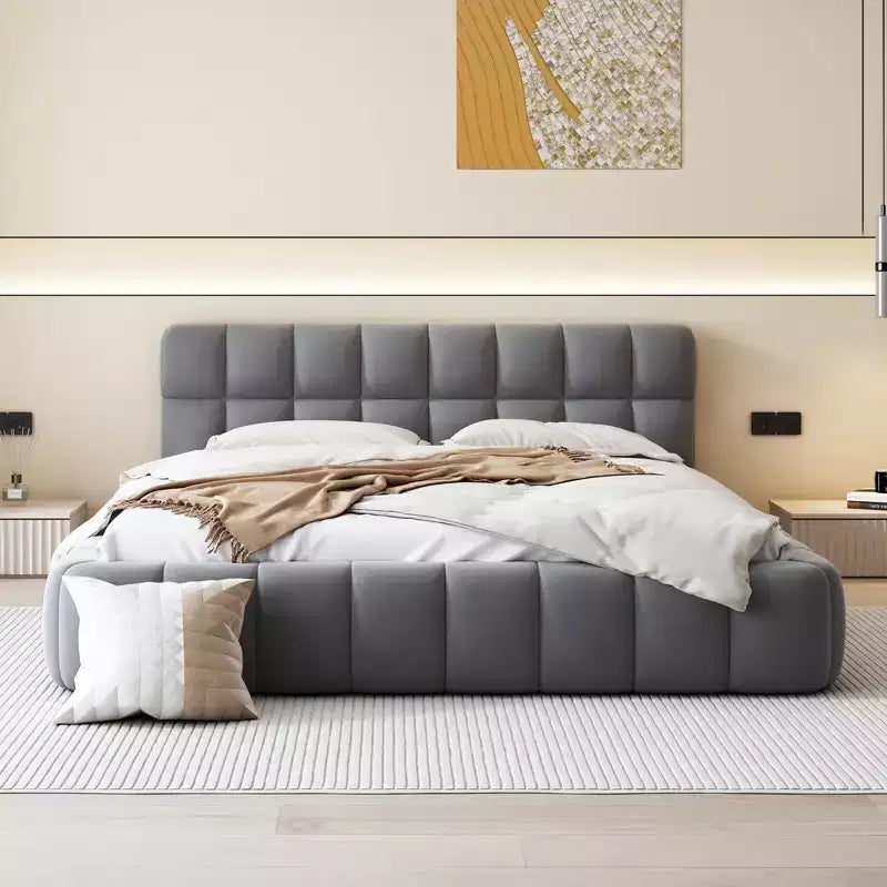 Letto imbottito a piattaforma Queen/King Size con tessuto spesso, letto a terra con struttura solida