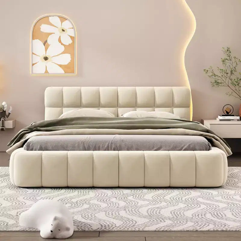 Letto imbottito a piattaforma Queen/King Size con tessuto spesso, letto a terra con struttura solida