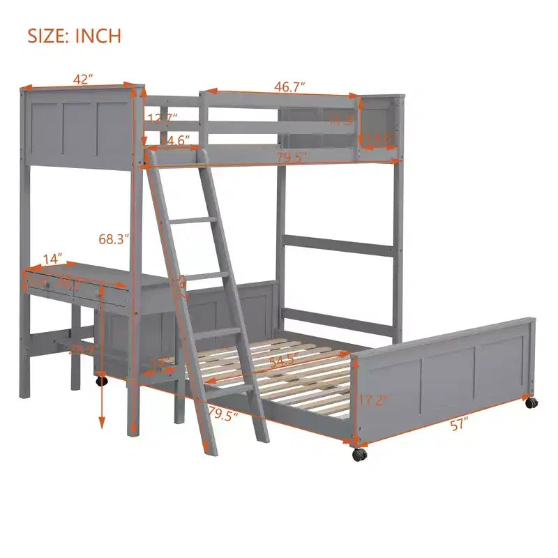 Letto a castello in legno Full Over Full / Twin Over Full con scrivania e scaletta