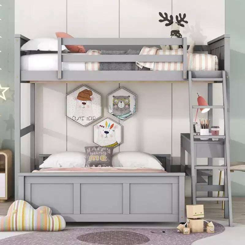 Letto a castello in legno Full Over Full / Twin Over Full con scrivania e scaletta