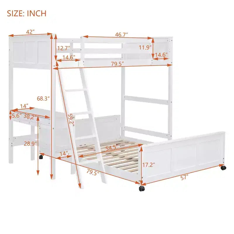 Letto a castello in legno Full Over Full / Twin Over Full con scrivania e scaletta