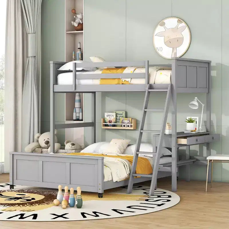 Letto a castello in legno Full Over Full / Twin Over Full con scrivania e scaletta