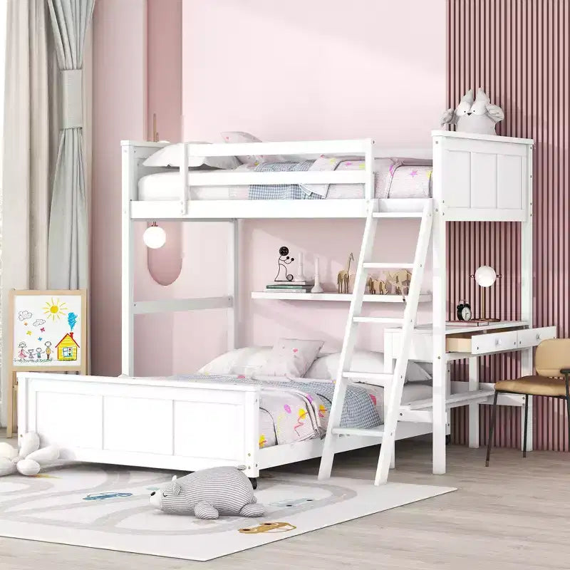 Letto a castello in legno Full Over Full / Twin Over Full con scrivania e scaletta