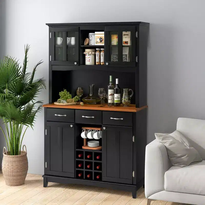 Credenza e Madia da Cucina con Portabottiglie e Cassetti Nera