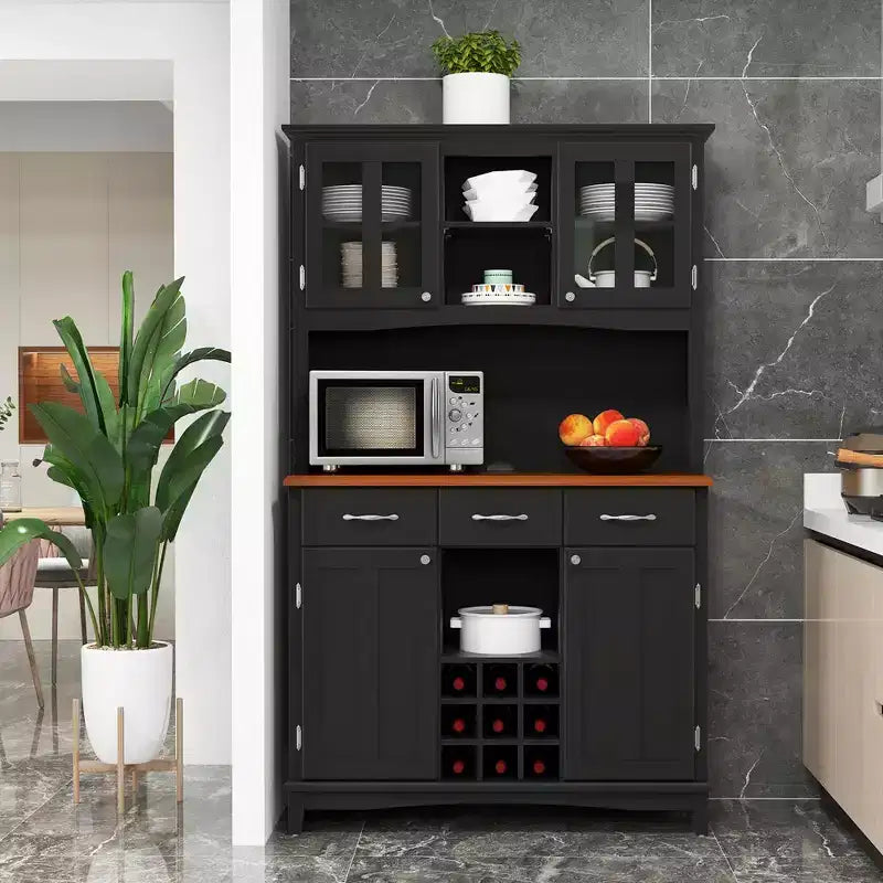Credenza e Madia da Cucina con Portabottiglie e Cassetti Nera