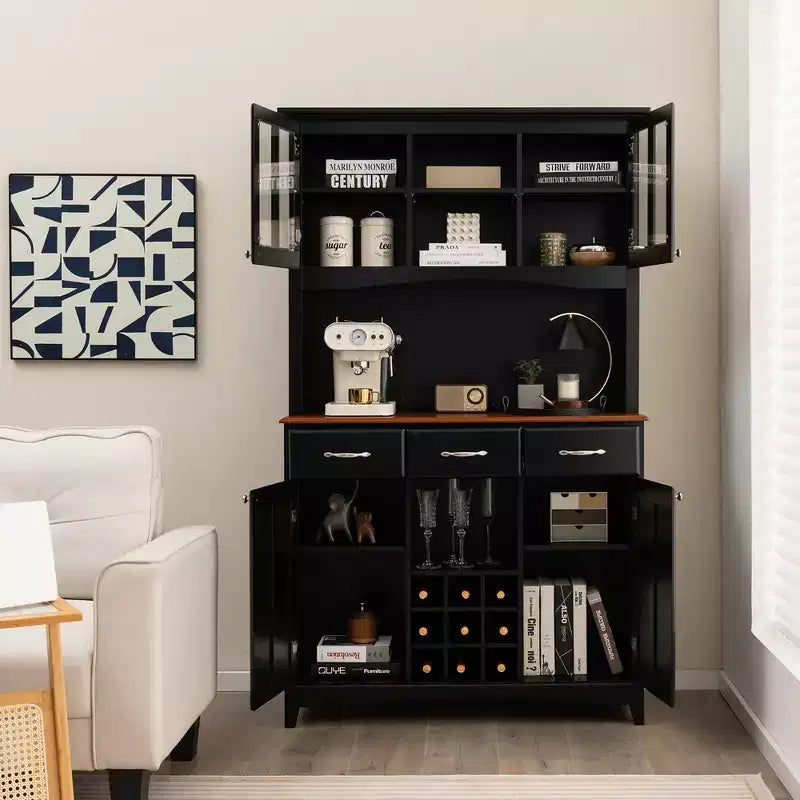 Credenza e Madia da Cucina con Portabottiglie e Cassetti Nera