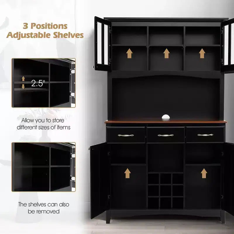 Credenza e Madia da Cucina con Portabottiglie e Cassetti Nera