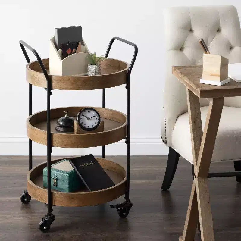 Carrello bar tondo in metallo Lloyd, 18x18x31.5, Marrone rustico e Nero