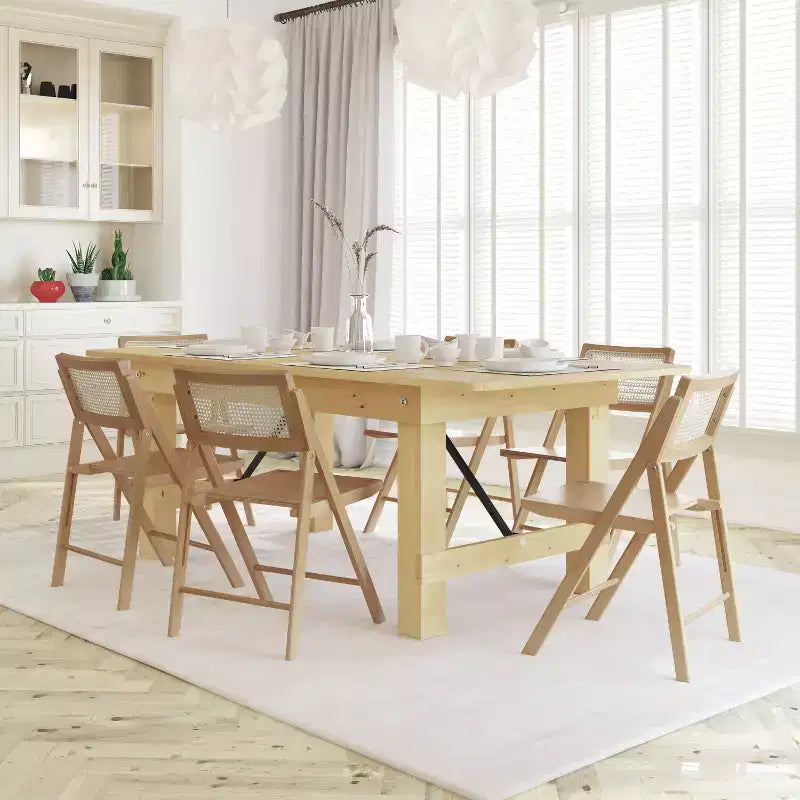 Sedie Pieghevoli in Rattan con Struttura e Seduta in Legno Massello e Schienale Traspirante in Rattan Intrecciato