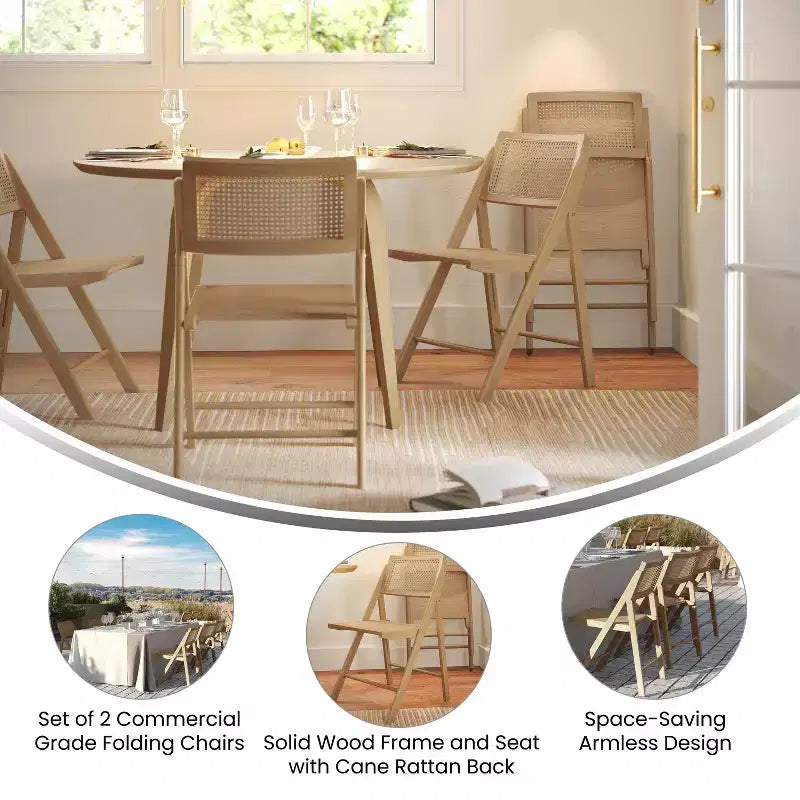 Sedie Pieghevoli in Rattan con Struttura e Seduta in Legno Massello e Schienale Traspirante in Rattan Intrecciato