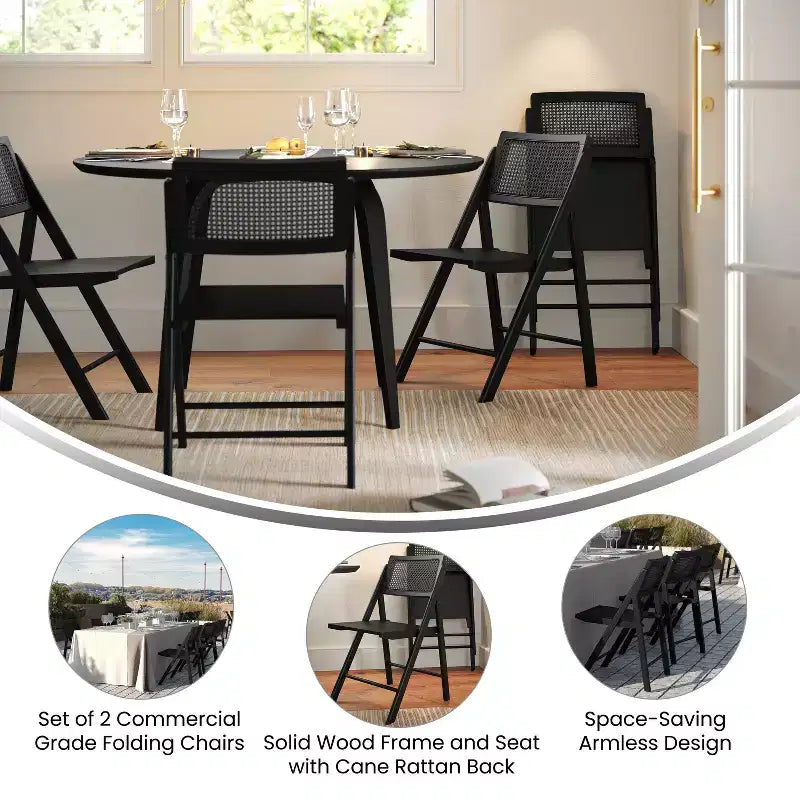 Sedie Pieghevoli in Rattan con Struttura e Seduta in Legno Massello e Schienale Traspirante in Rattan Intrecciato