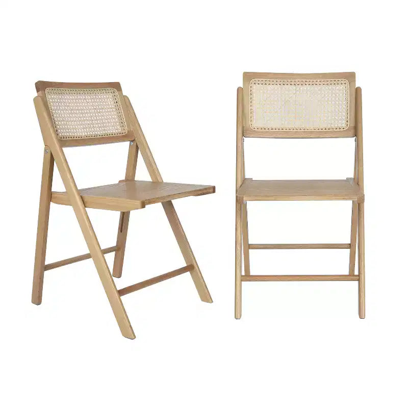 Sedie Pieghevoli in Rattan con Struttura e Seduta in Legno Massello e Schienale Traspirante in Rattan Intrecciato