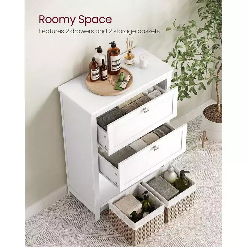 Mobiletto, Armadietto e Organizzatori, 2 cassetti con 1 divisorio regolabile, 2 cestini, Credenza, Bianco Nuvola