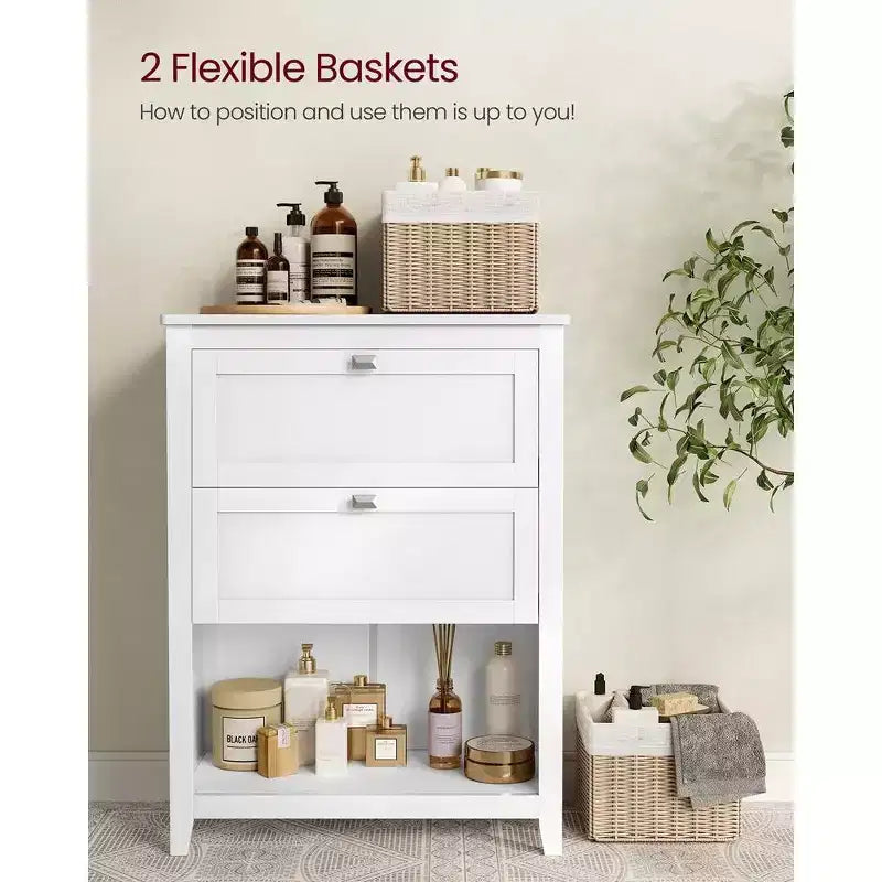 Mobiletto, Armadietto e Organizzatori, 2 cassetti con 1 divisorio regolabile, 2 cestini, Credenza, Bianco Nuvola