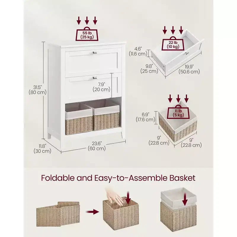 Mobiletto, Armadietto e Organizzatori, 2 cassetti con 1 divisorio regolabile, 2 cestini, Credenza, Bianco Nuvola